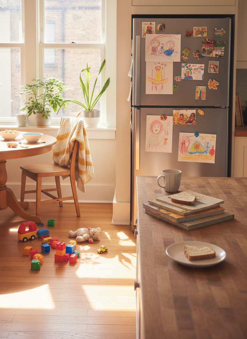 A warm, bright, joyful lifestyle hero image. A real-feeling family home scene — colourful toys scattered on a sunny kitchen floor, a half-drunk cup of tea on the counter, kids' drawings stuck to the fridge with magnets. Warm coral, yellow and cream tones. Natural light streaming in. Lived-in, happy chaos. No people. Feels like a real mum's home, not a Pinterest set.